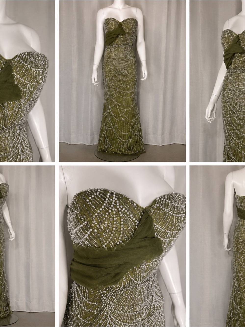 Olive Green Beaded Strapless Evening Gown